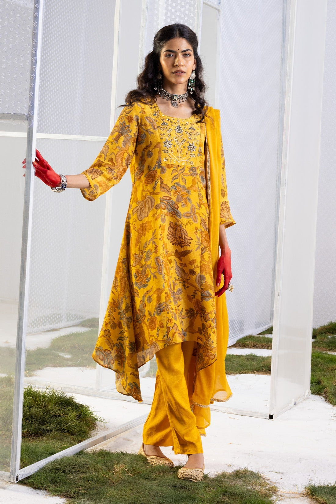 Mustard Floral Yoke-Embellished Kurta. 3 Pcs Set