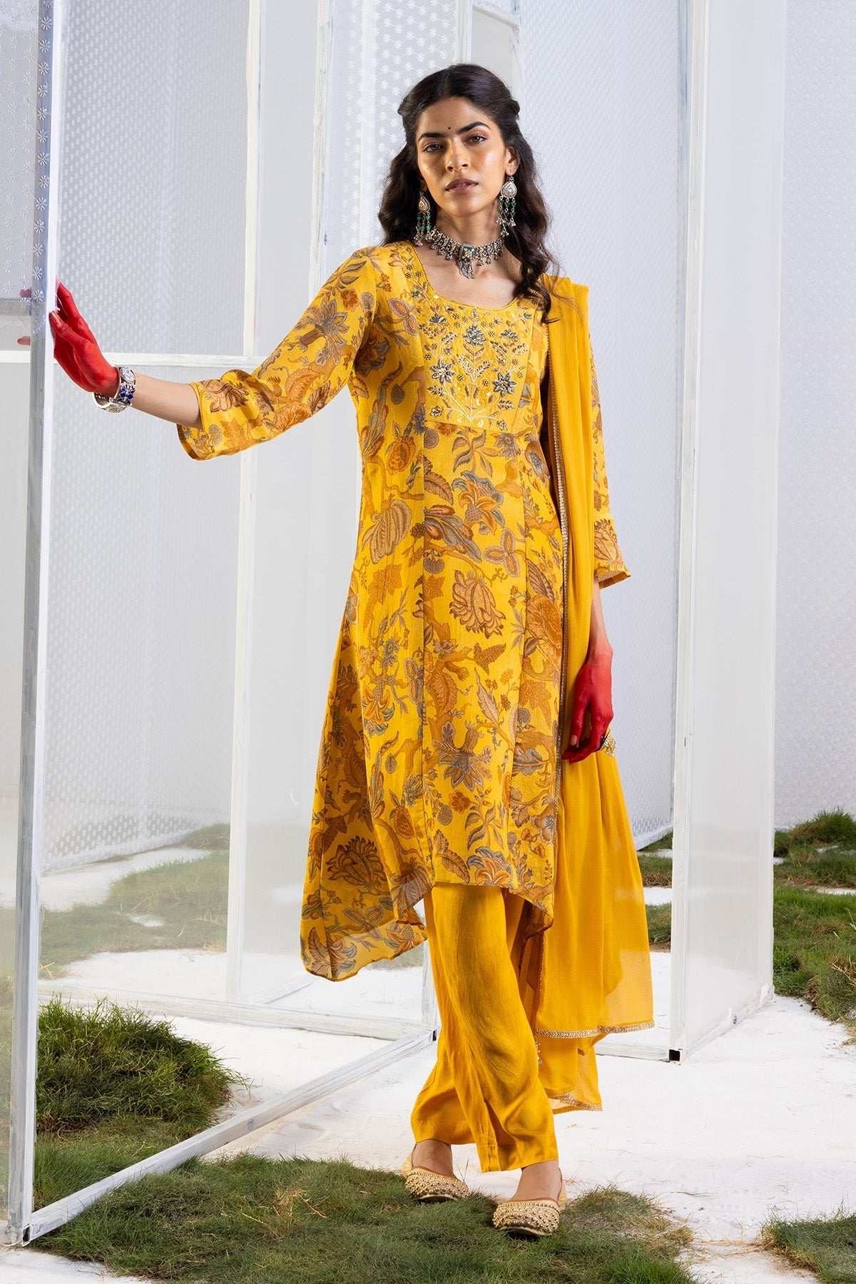 Mustard Floral Yoke-Embellished Kurta. 3 Pcs Set