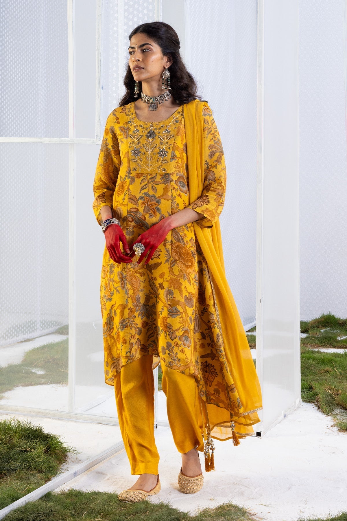 Mustard Floral Yoke-Embellished Kurta. 3 Pcs Set