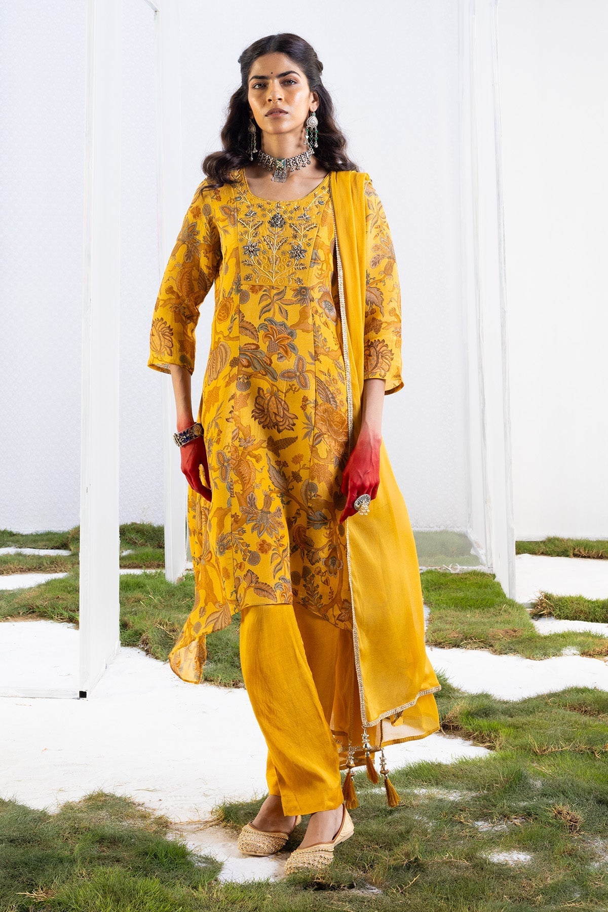 Mustard Floral Yoke-Embellished Kurta. 3 Pcs Set