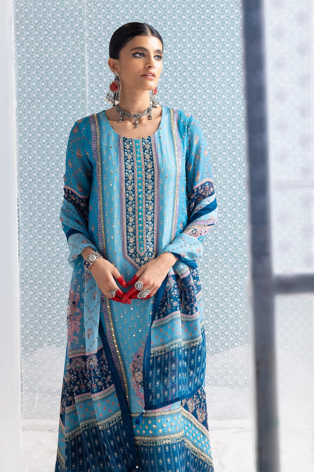 Blue Printed and Embellished Kurta 3 Pcs Set