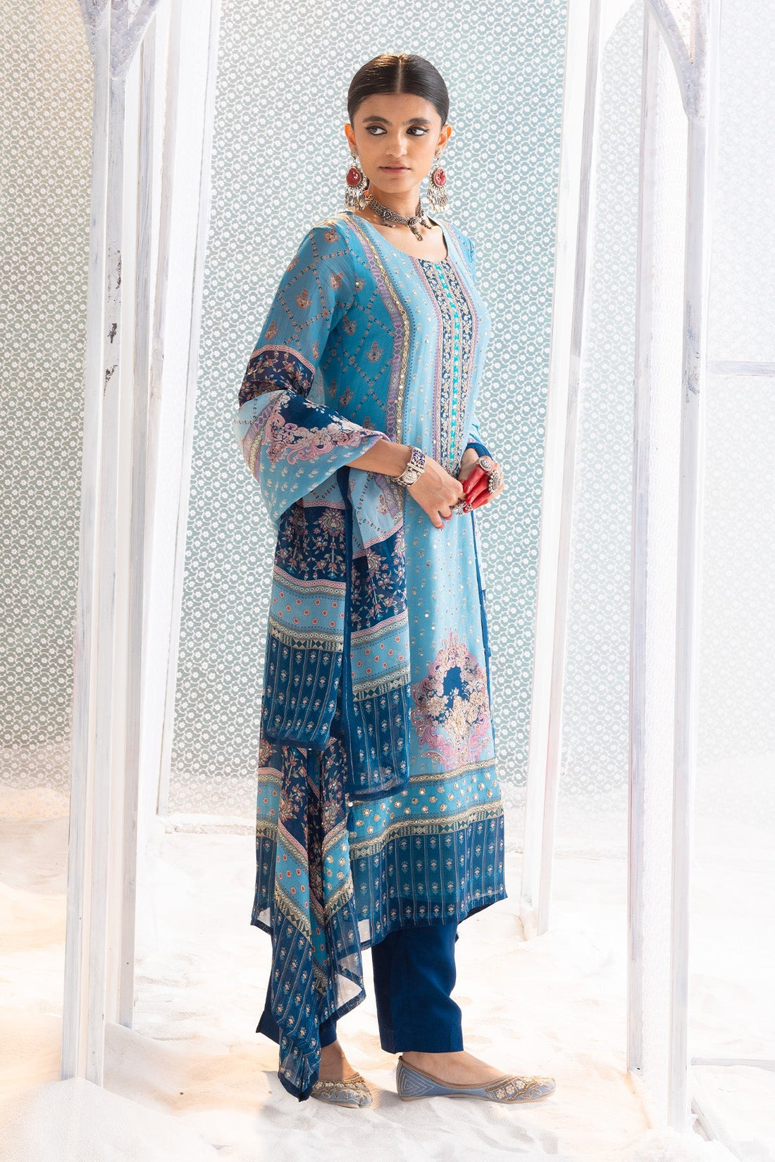 Blue Printed and Embellished Kurta 3 Pcs Set