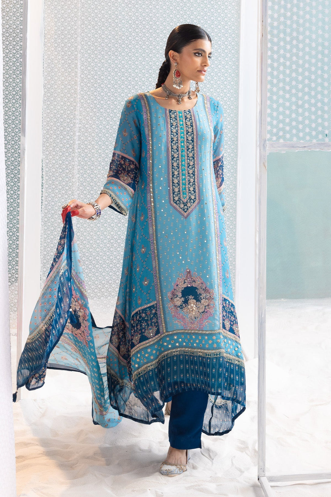 Blue Printed and Embellished Kurta 3 Pcs Set