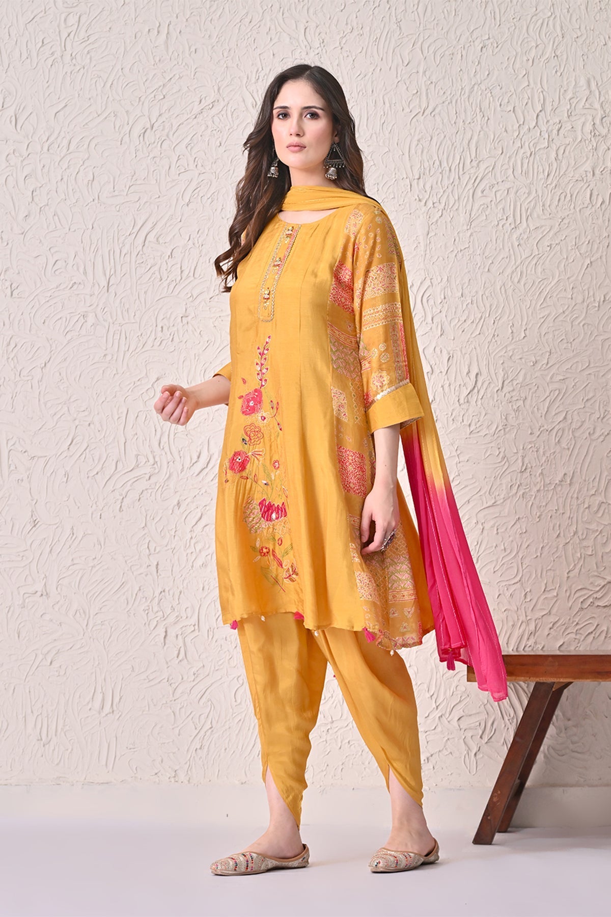 Mustard Embellished Kurta 3 Pcs Set