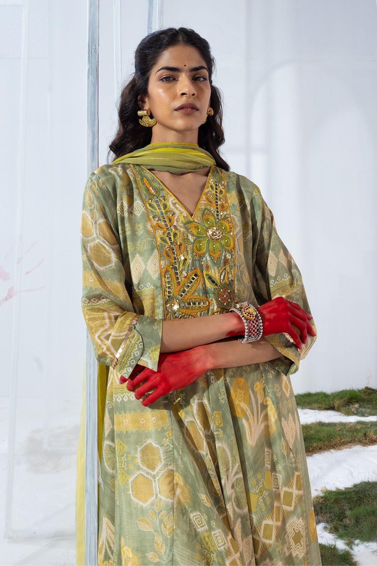 Green Embellished Flared Kurta 3 Pcs Set