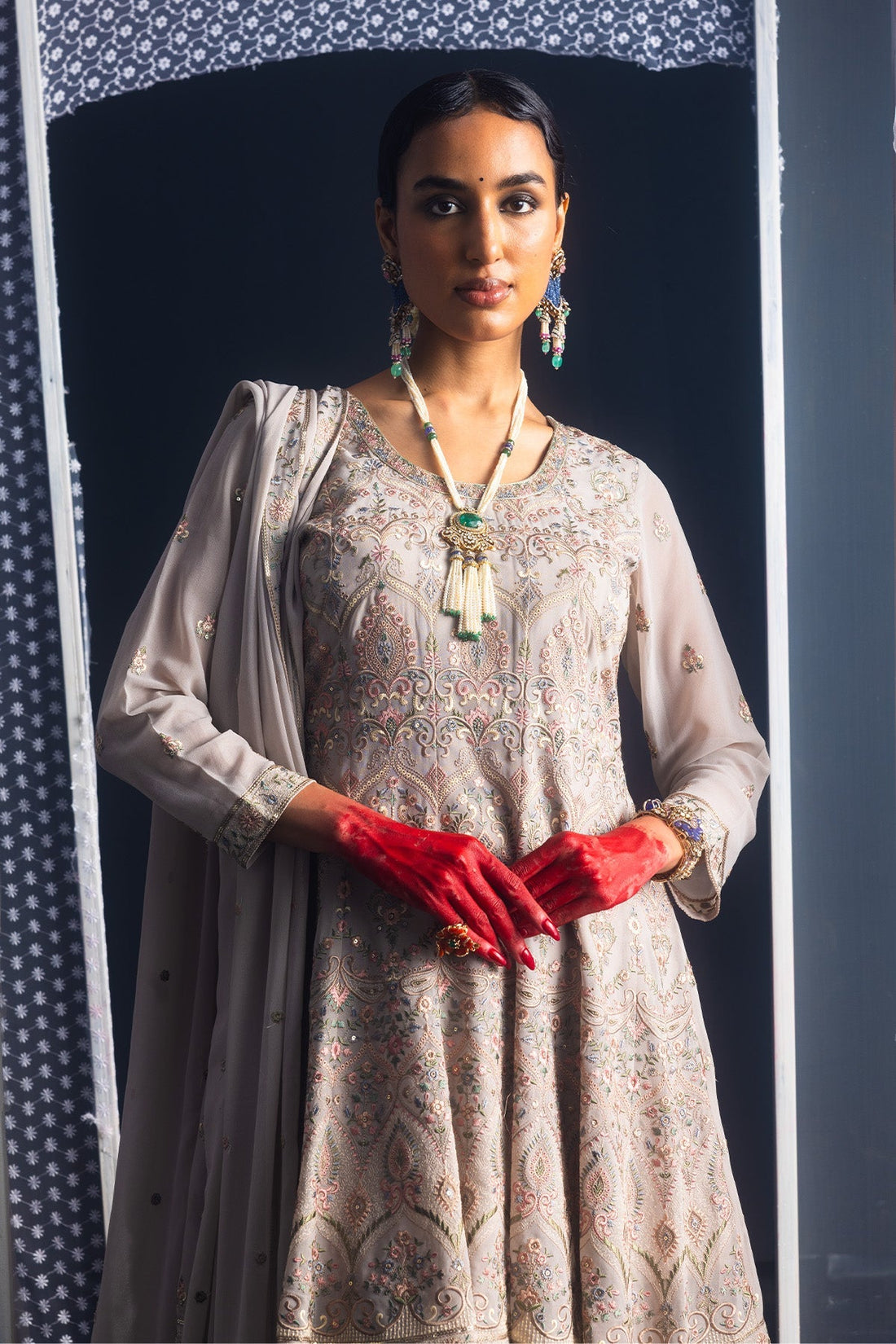 Grey Embroidered Short Kurta 3 Pcs Set