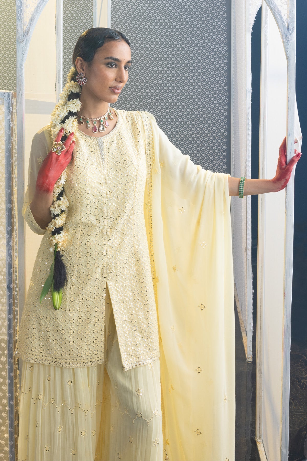 Yellow Embroidered Straight Kurta 3 Pcs Set