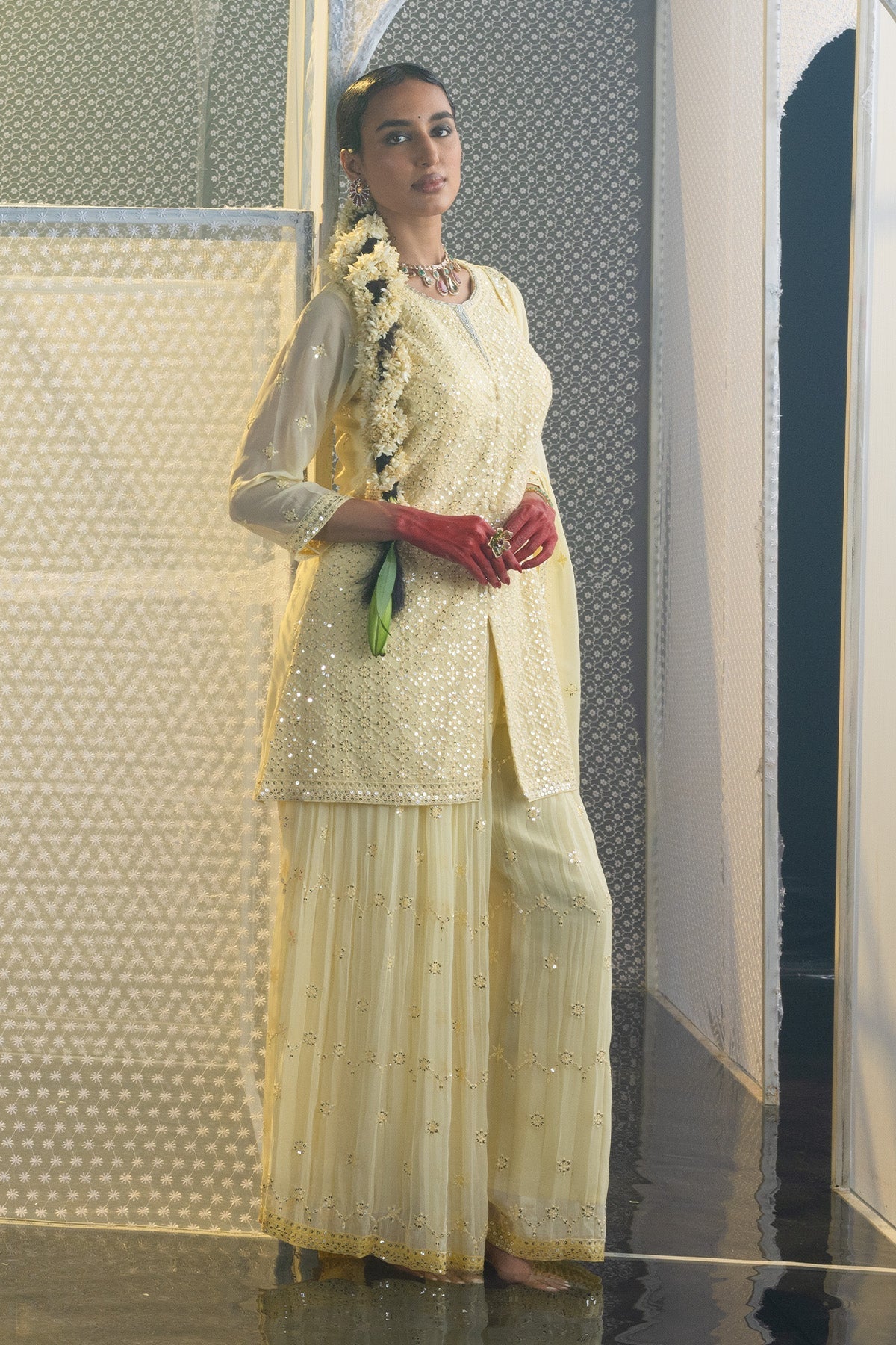 Yellow Embroidered Straight Kurta 3 Pcs Set