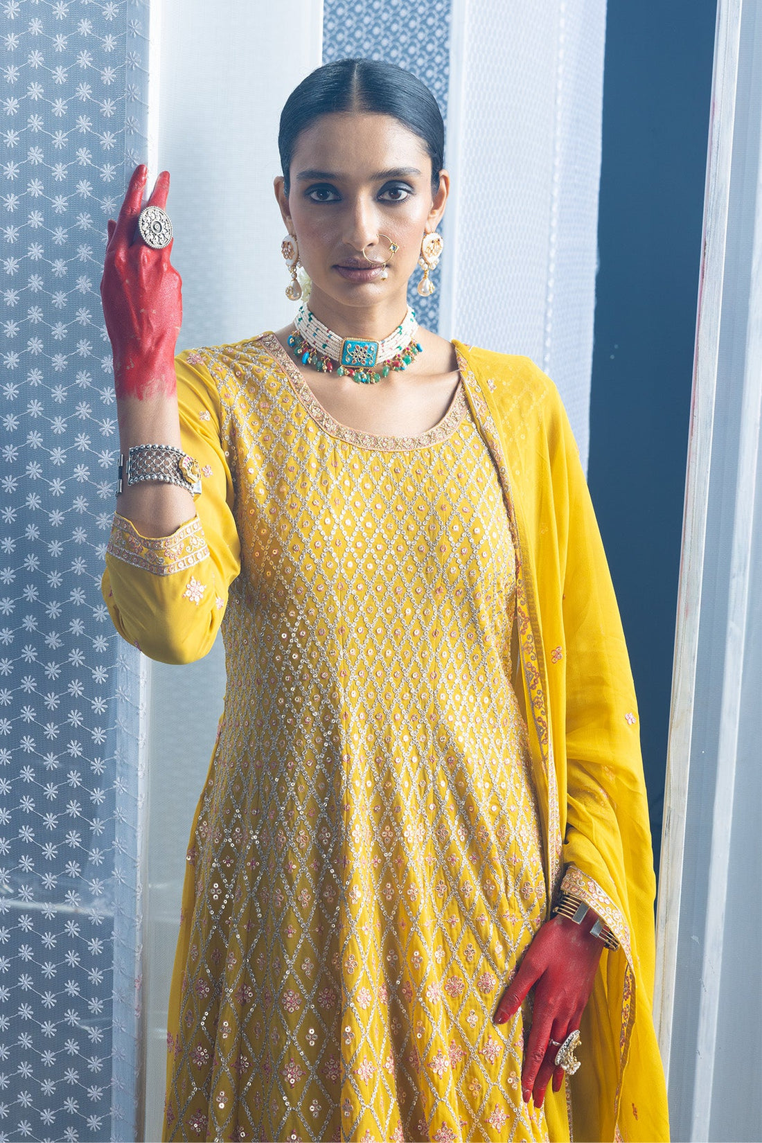 Yellow Embroidered Flared Kurta 3 Pcs Set