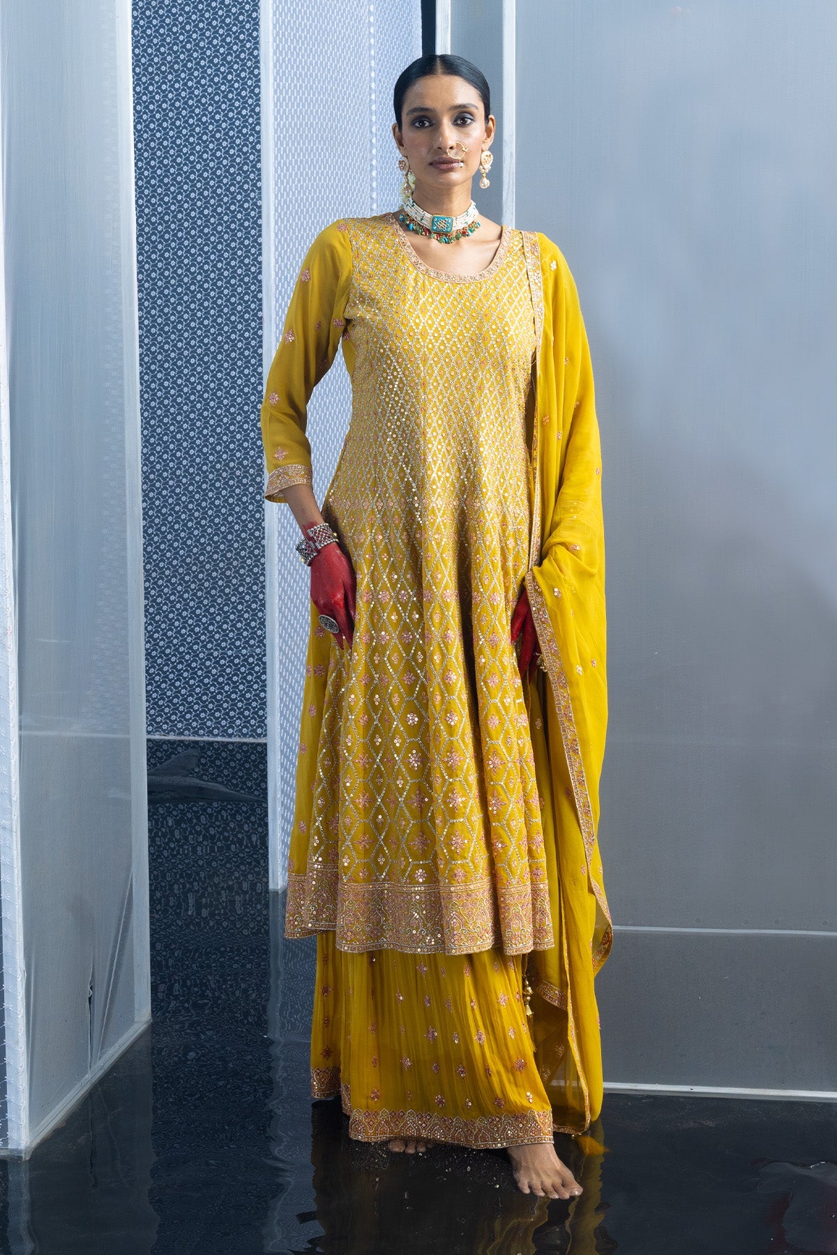 Yellow Embroidered Flared Kurta 3 Pcs Set