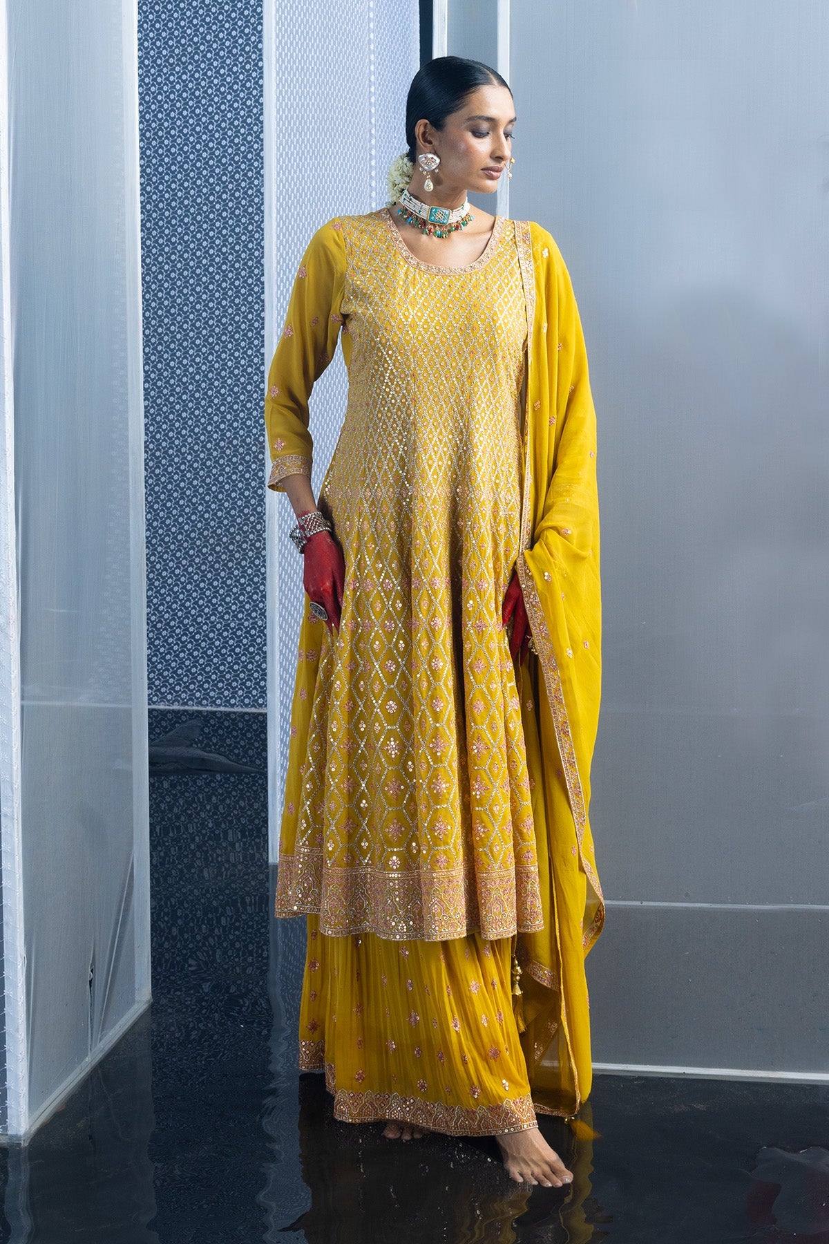 Yellow Embroidered Flared Kurta 3 Pcs Set