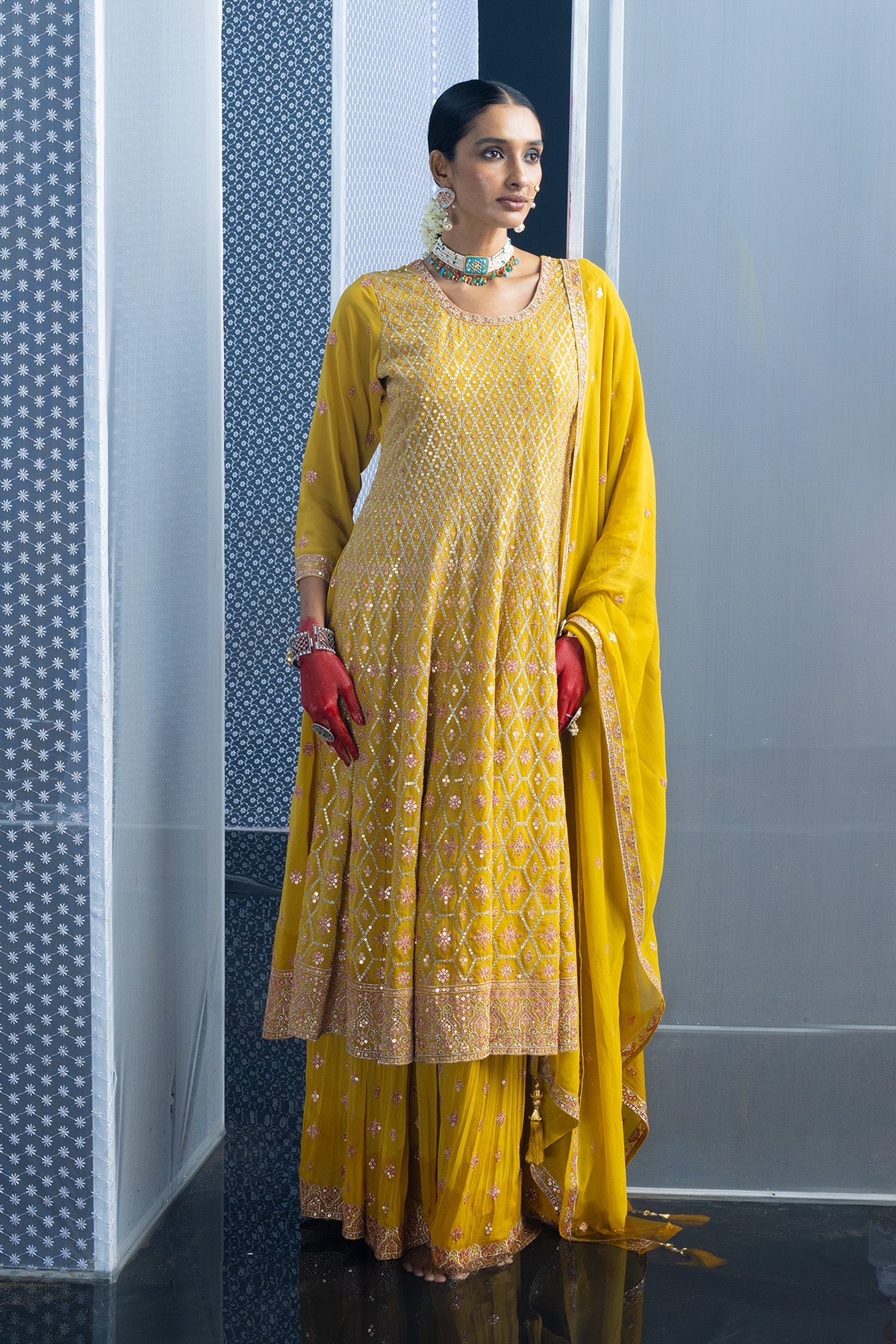 Yellow Embroidered Flared Kurta 3 Pcs Set