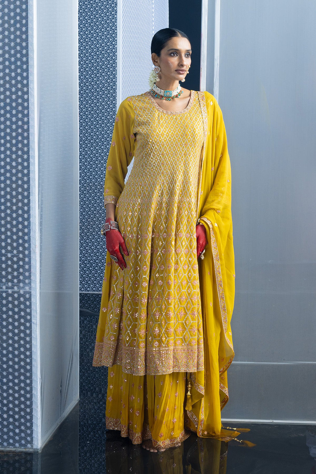 Yellow Embroidered Flared Kurta 3 Pcs Set