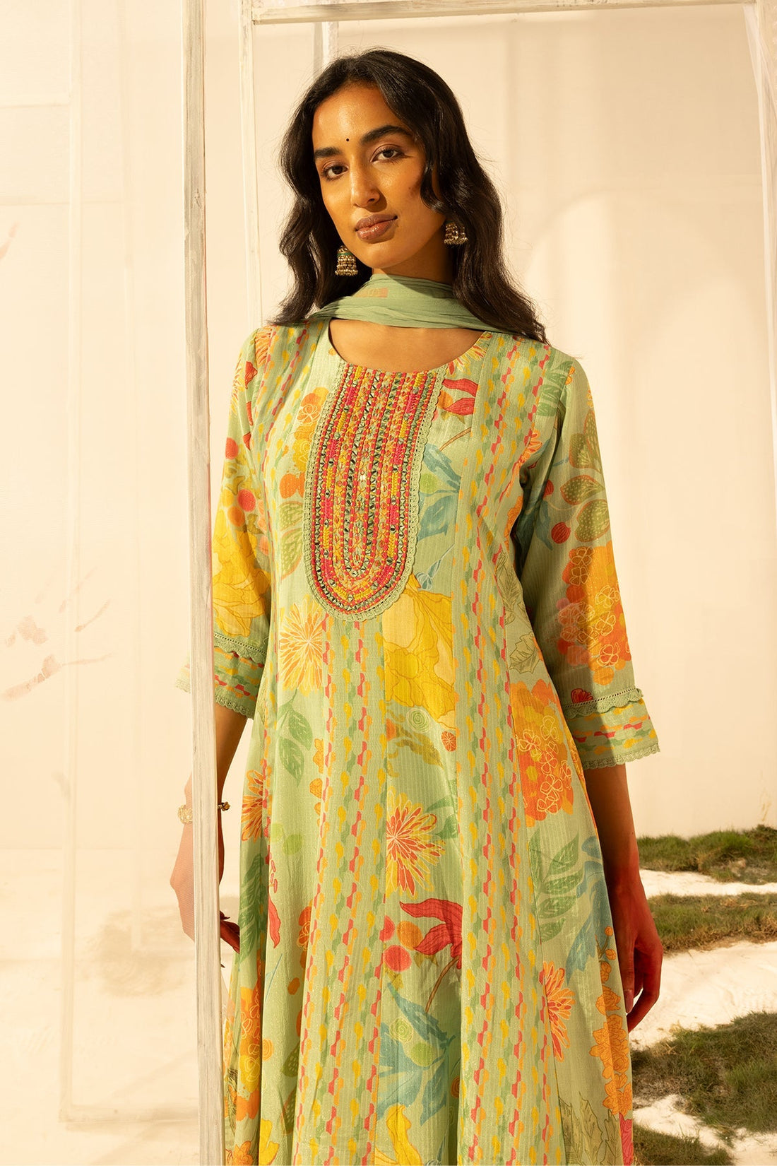 Green Embellished Embroidered Kurta 3 Pcs Set
