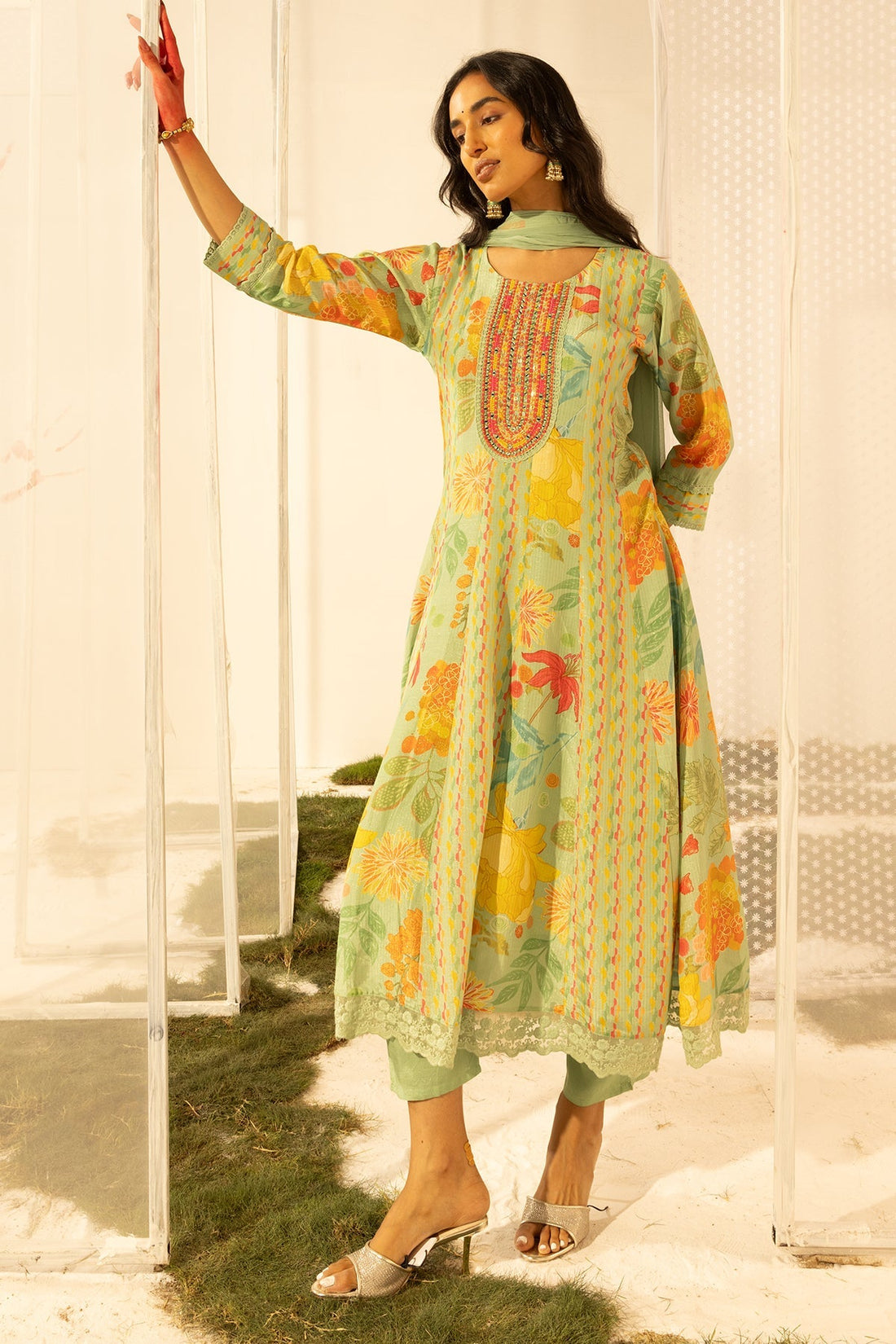 Green Embellished Embroidered Kurta 3 Pcs Set