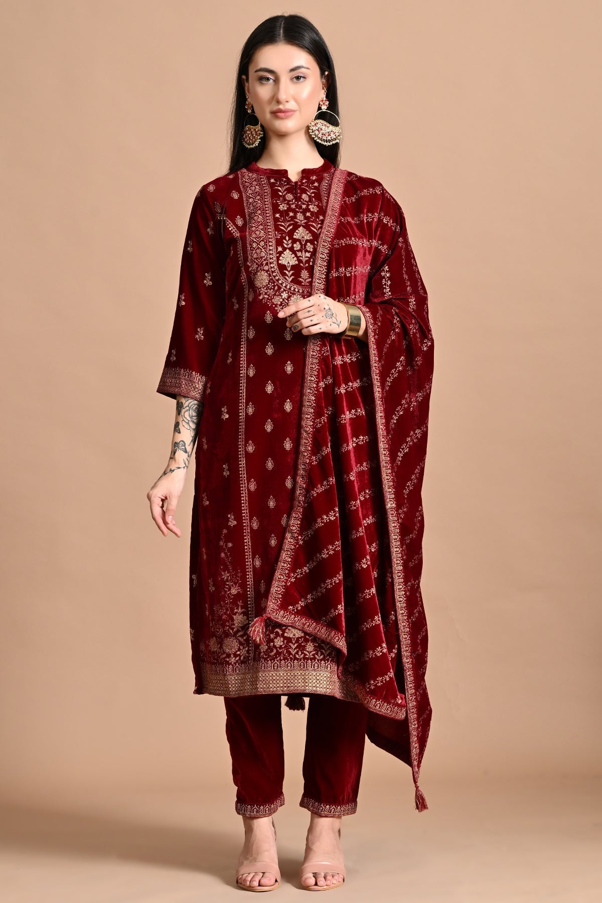 Maroon Printed Kurta 3 Pcs Set