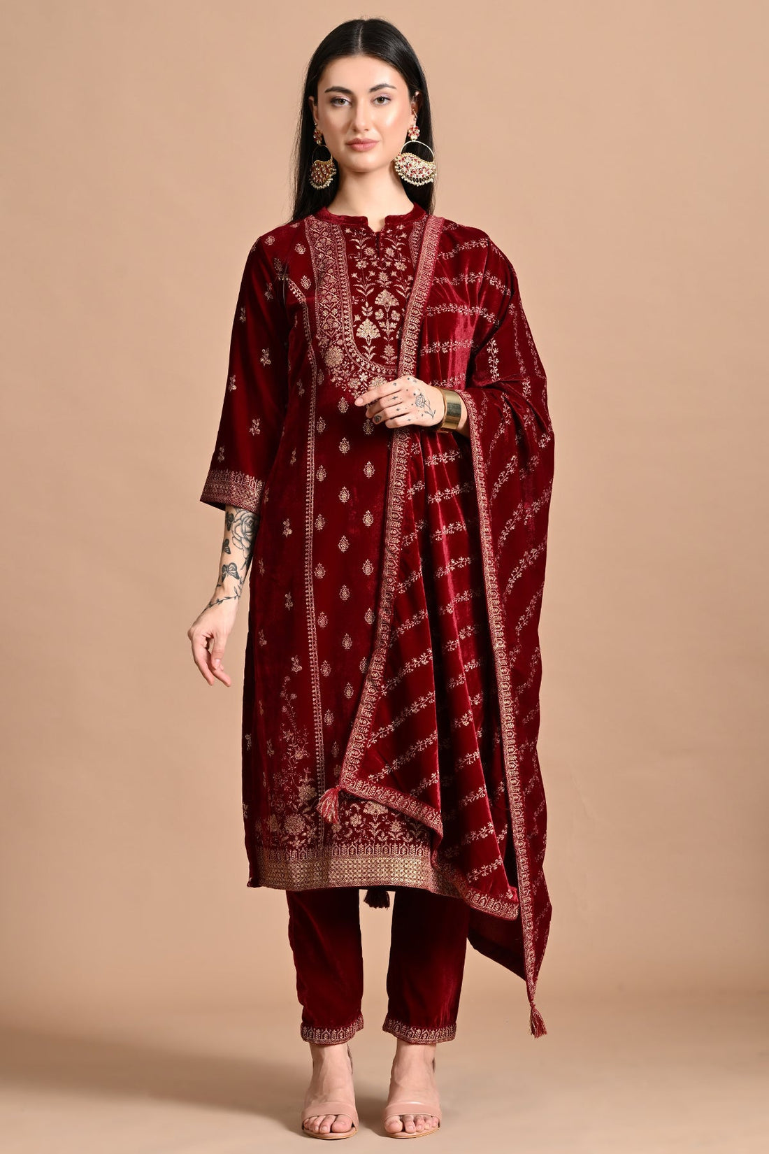 Maroon Printed Kurta 3 Pcs Set