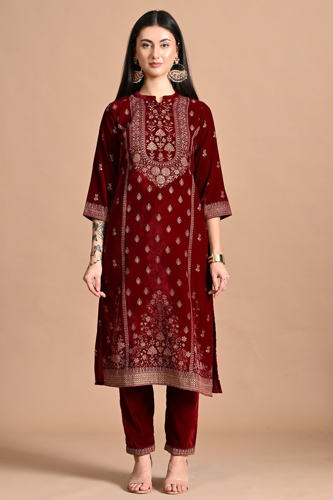 Maroon Printed Kurta 3 Pcs Set