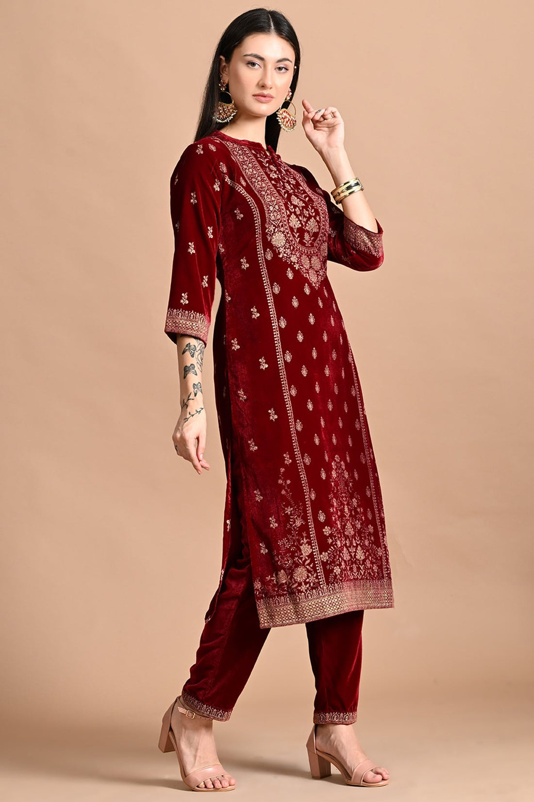 Maroon Printed Kurta 3 Pcs Set