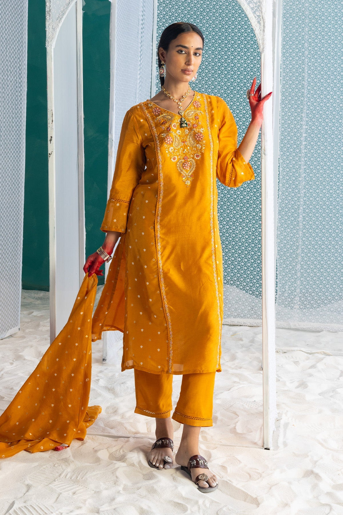 Mustard Yellow Embroidered Kurta 3 Pcs Set