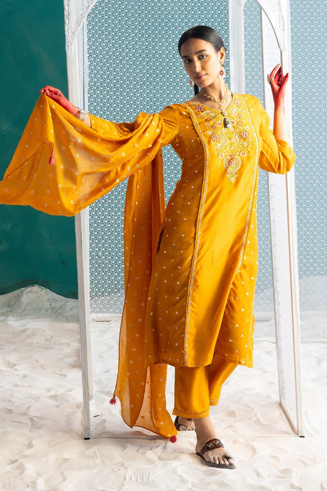 Mustard Yellow Embroidered Kurta 3 Pcs Set
