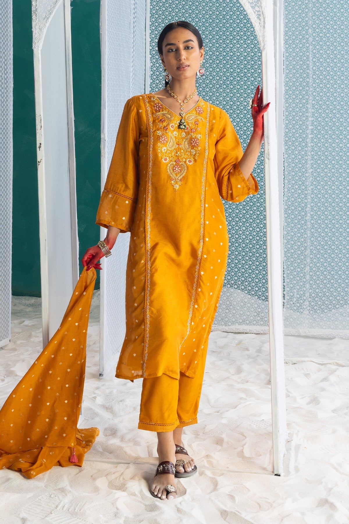 Mustard Yellow Embroidered Kurta 3 Pcs Set