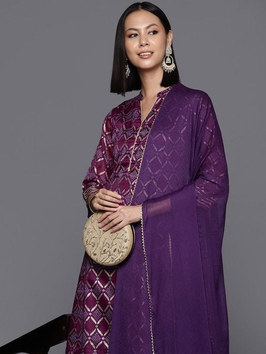 zeyvelle Purple Bandhani Printed Anarkali Kurta With Bottom And Dupatta