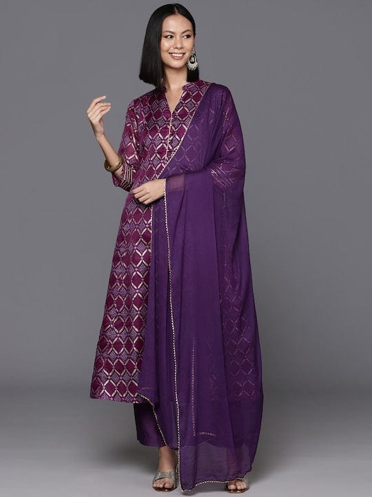 zeyvelle Purple Bandhani Printed Anarkali Kurta With Bottom And Dupatta