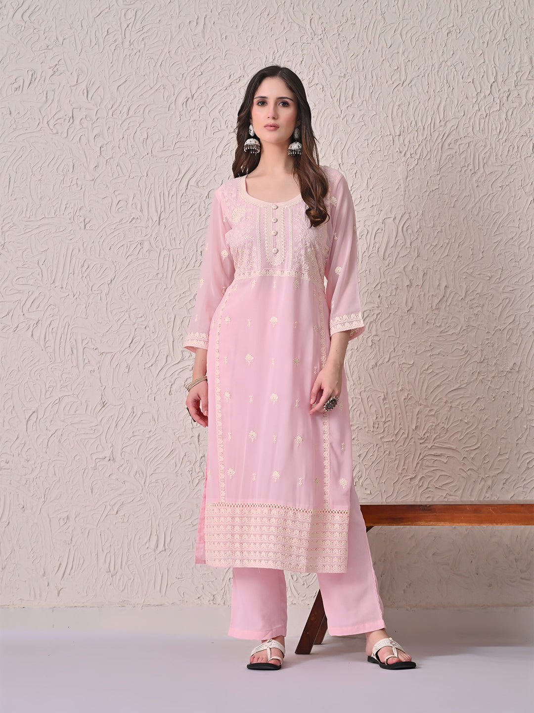 Pink Embroidered Kurta 3 Pcs Set