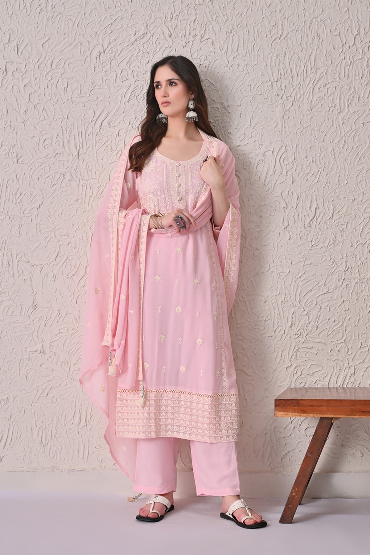 Pink Embroidered Kurta 3 Pcs Set