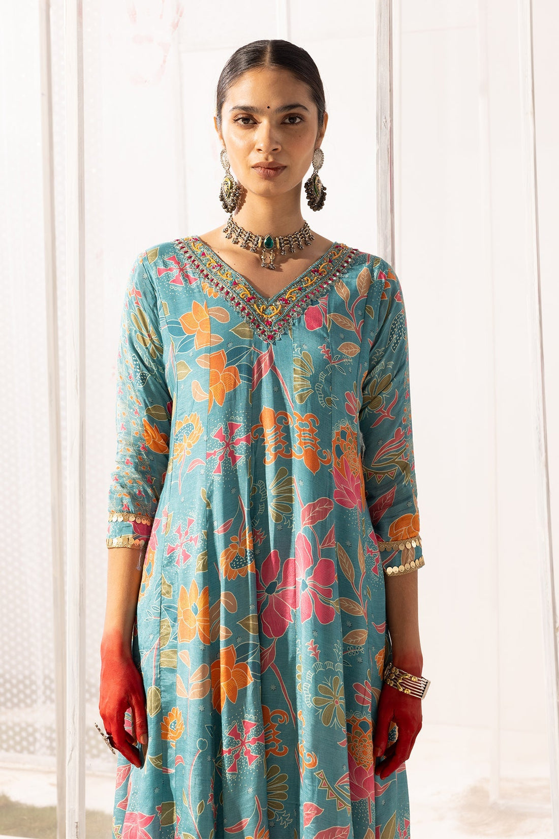 Blue Yoke Printed Dress