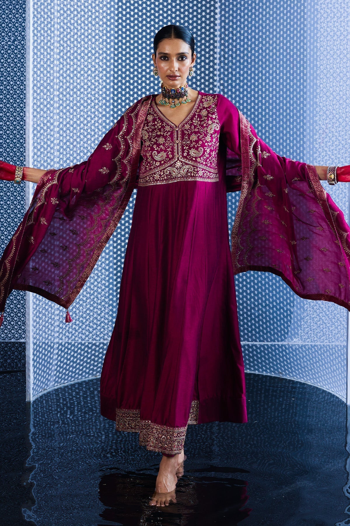 Magenta Embroidered Dress with Dupatta