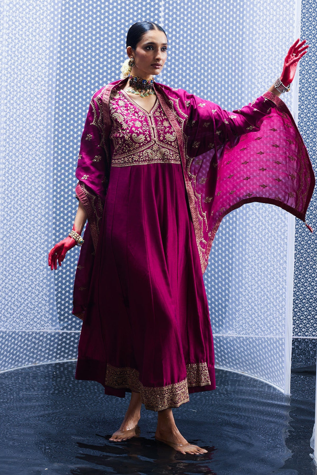 Magenta Embroidered Dress with Dupatta
