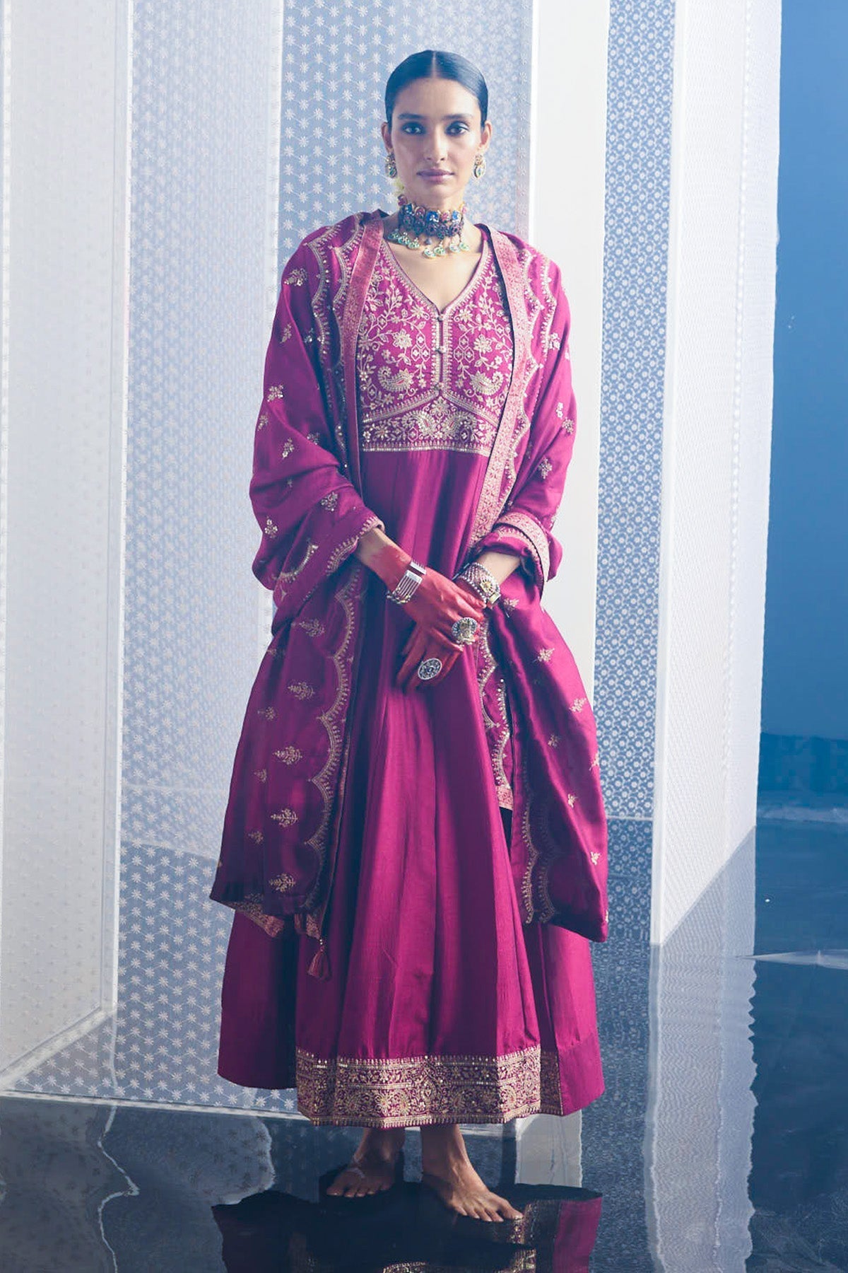 Magenta Embroidered Dress with Dupatta