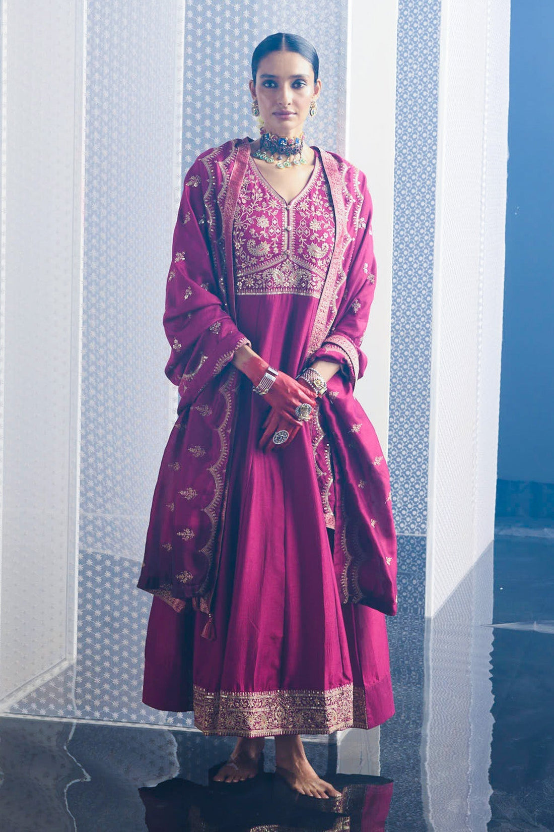 Magenta Embroidered Dress with Dupatta