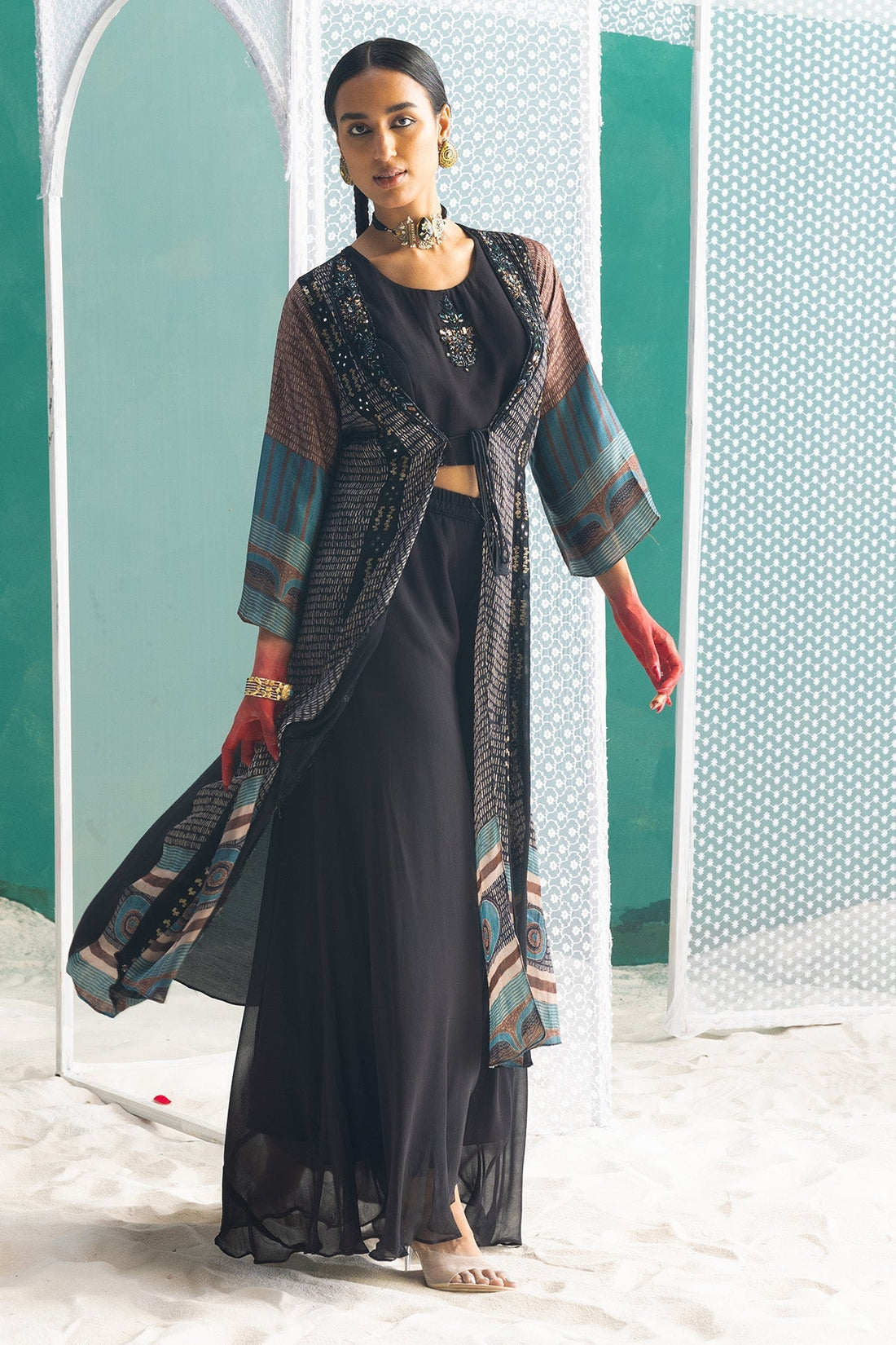 Black Dress with Printed Shrug