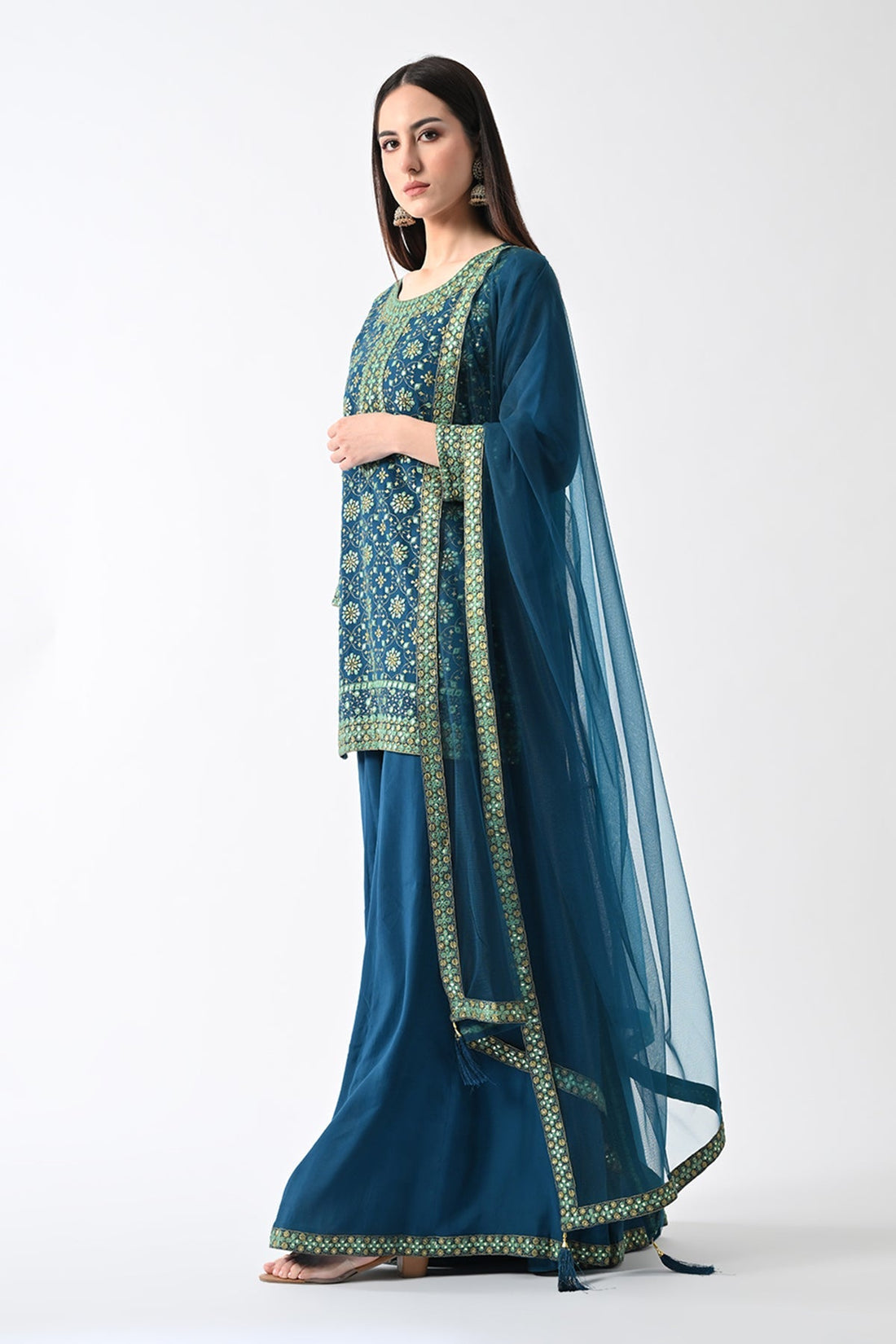 Teal Yoke Embroidered Kurta 3 Pcs Set
