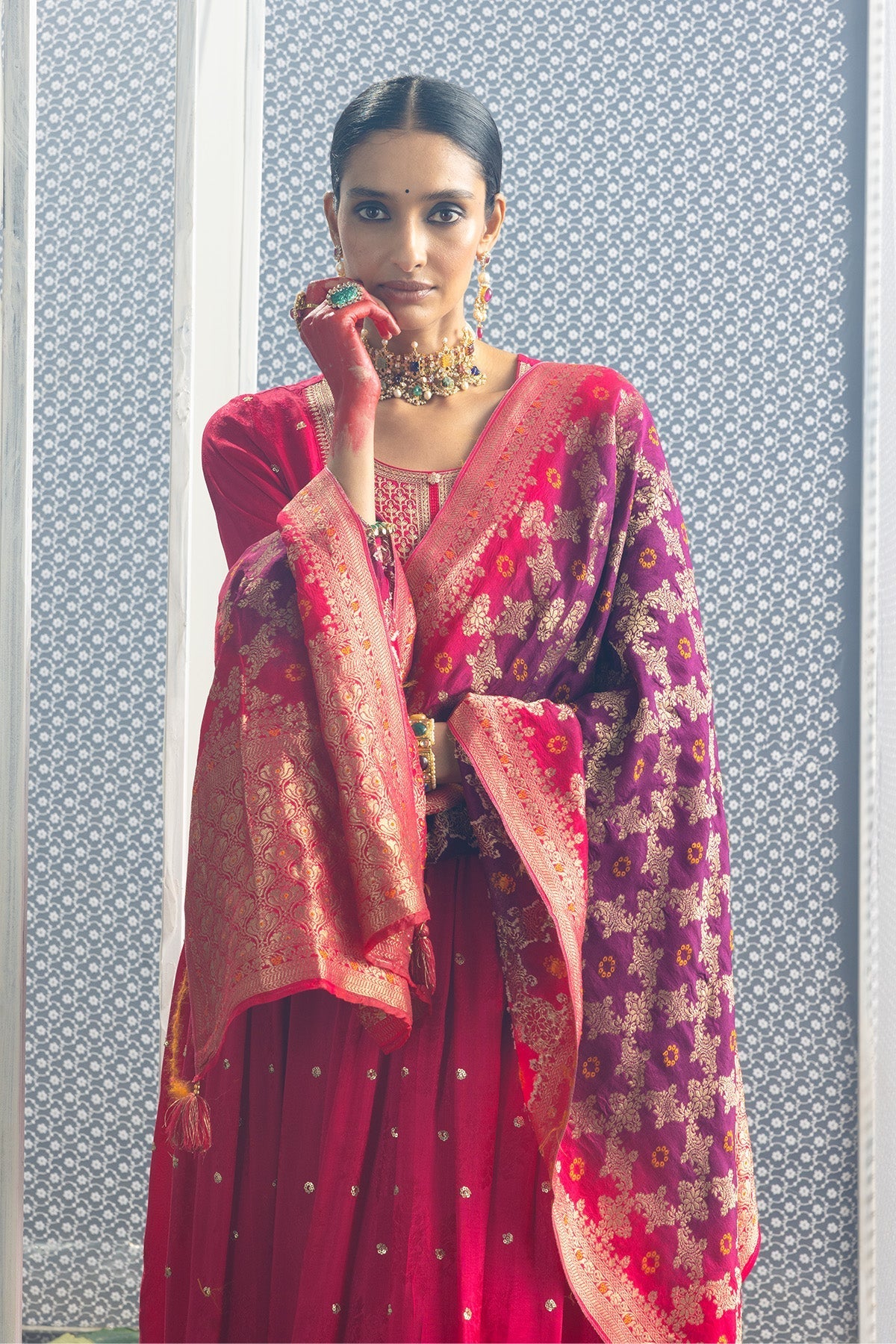 Magenta Embellished Flared Kurta 3 Pcs Set