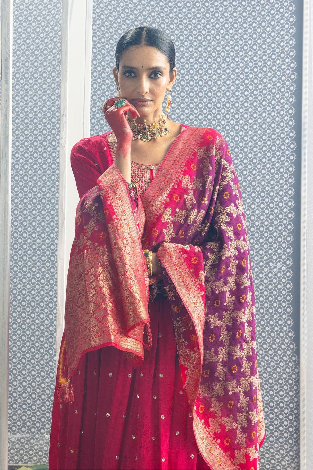 Magenta Embellished Flared Kurta 3 Pcs Set