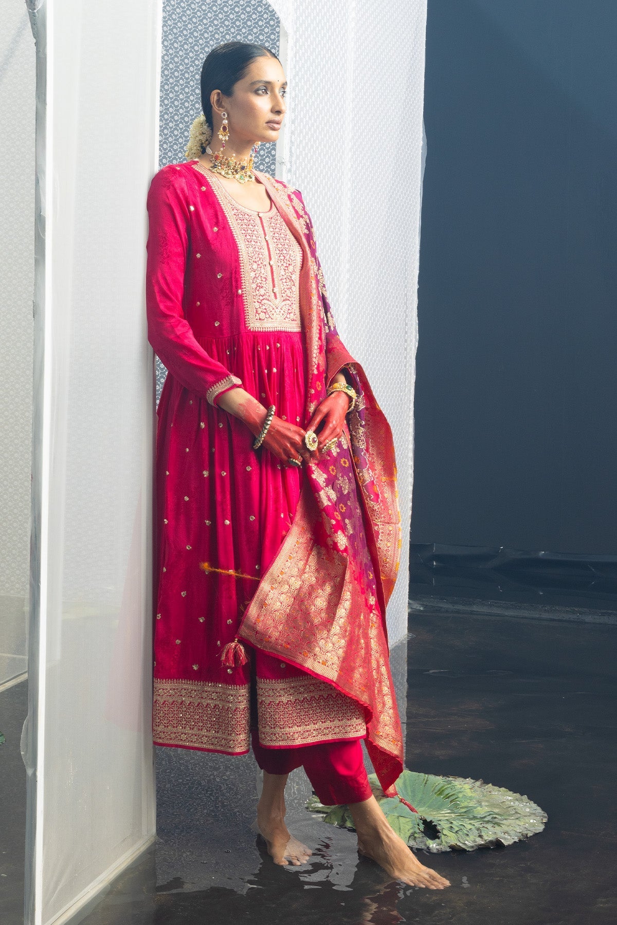 Magenta Embellished Flared Kurta 3 Pcs Set