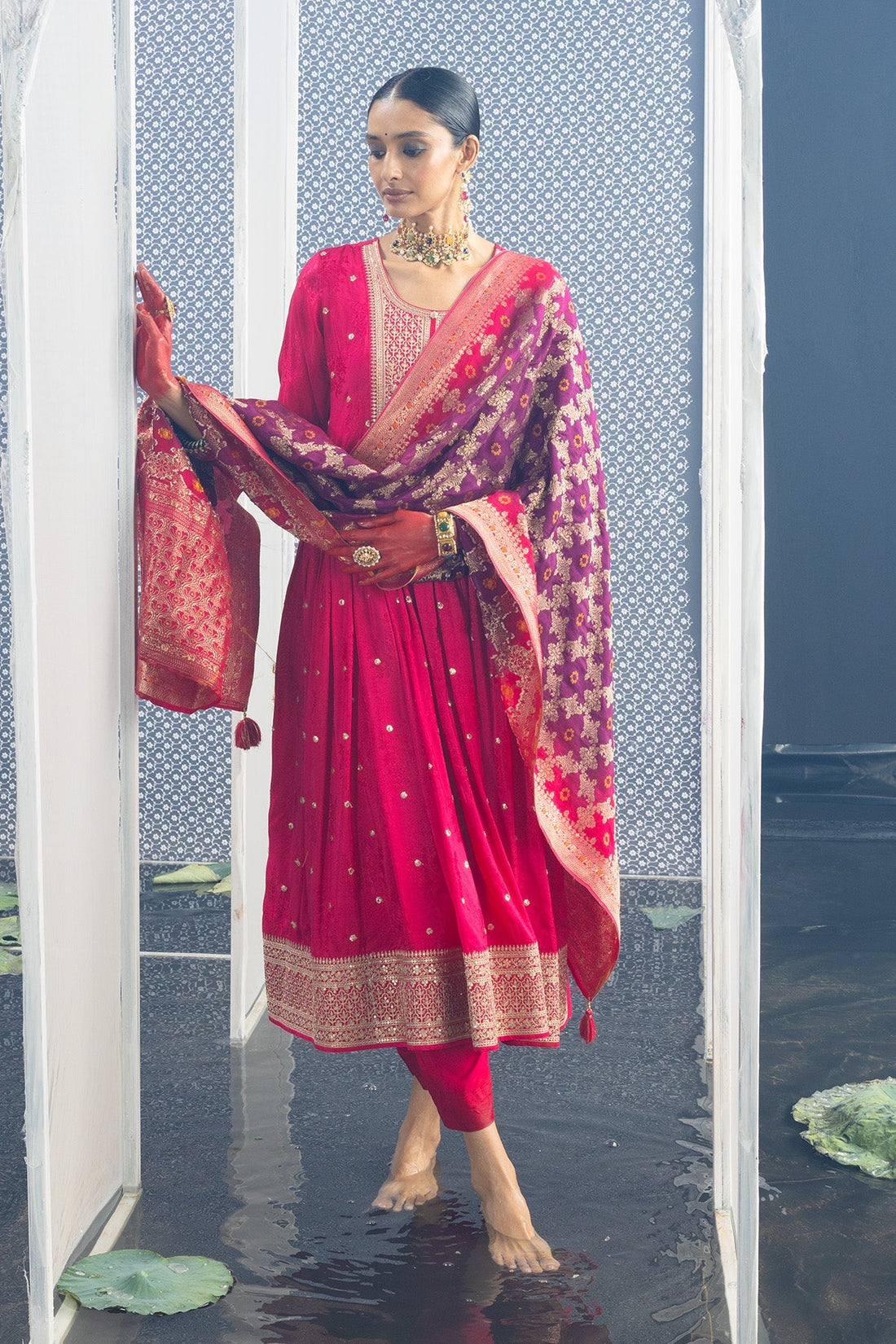 Magenta Embellished Flared Kurta 3 Pcs Set