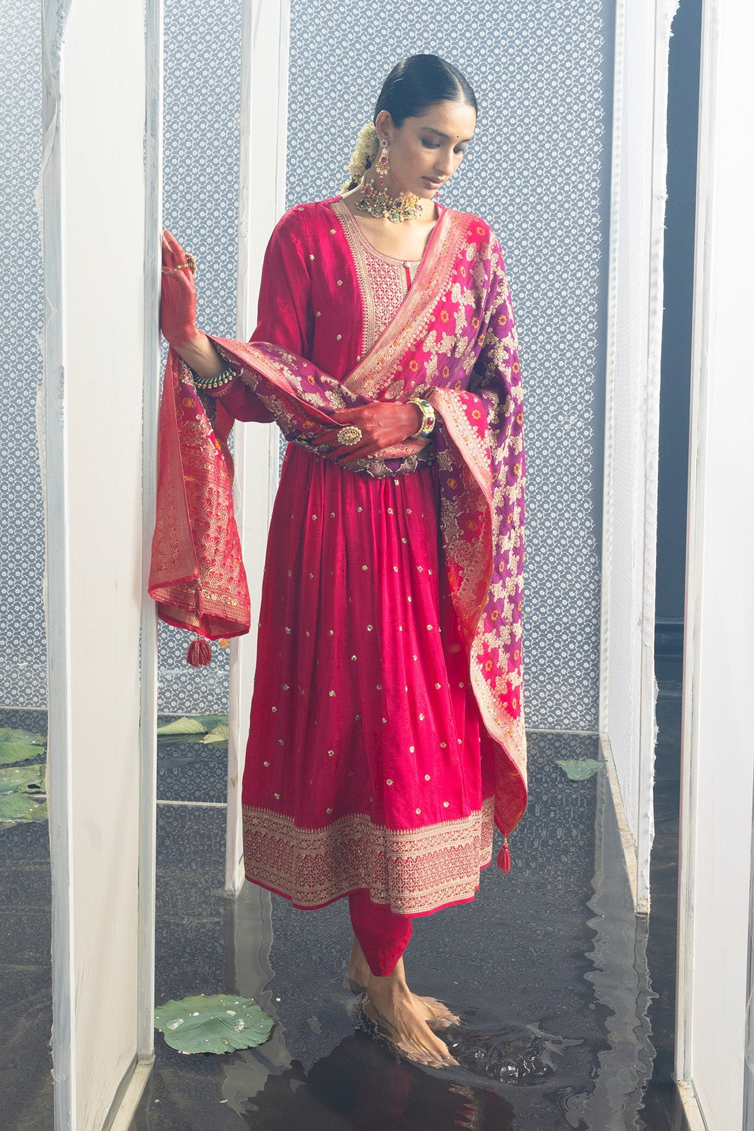 Magenta Embellished Flared Kurta 3 Pcs Set