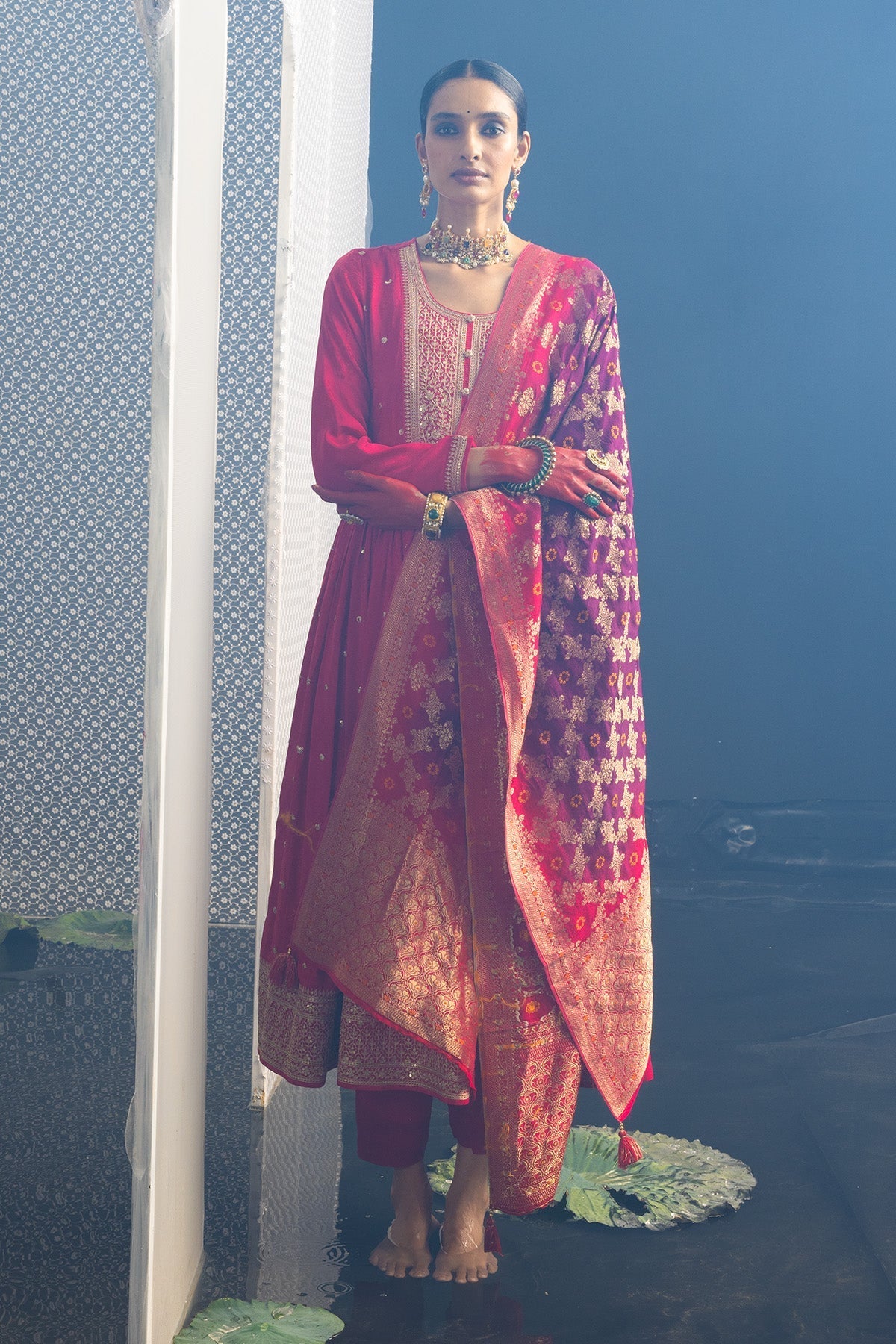 Magenta Embellished Flared Kurta 3 Pcs Set
