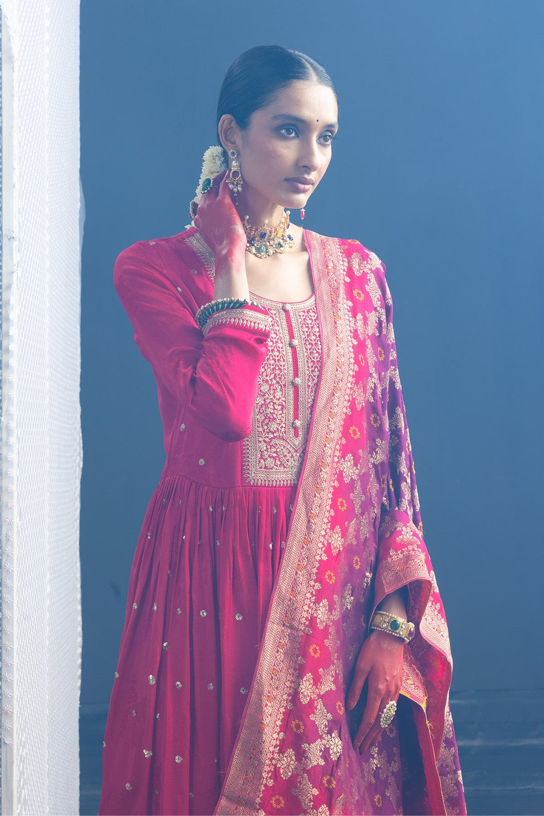 Magenta Embellished Flared Kurta 3 Pcs Set