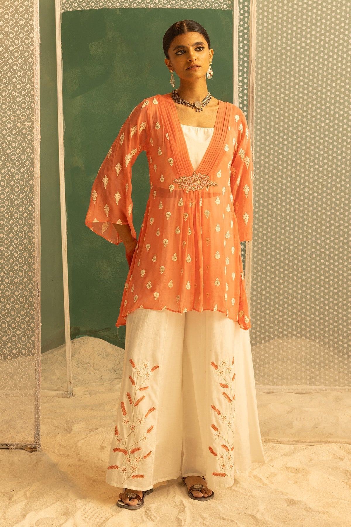 Peach Embroidered Jacket 3 Pcs Set