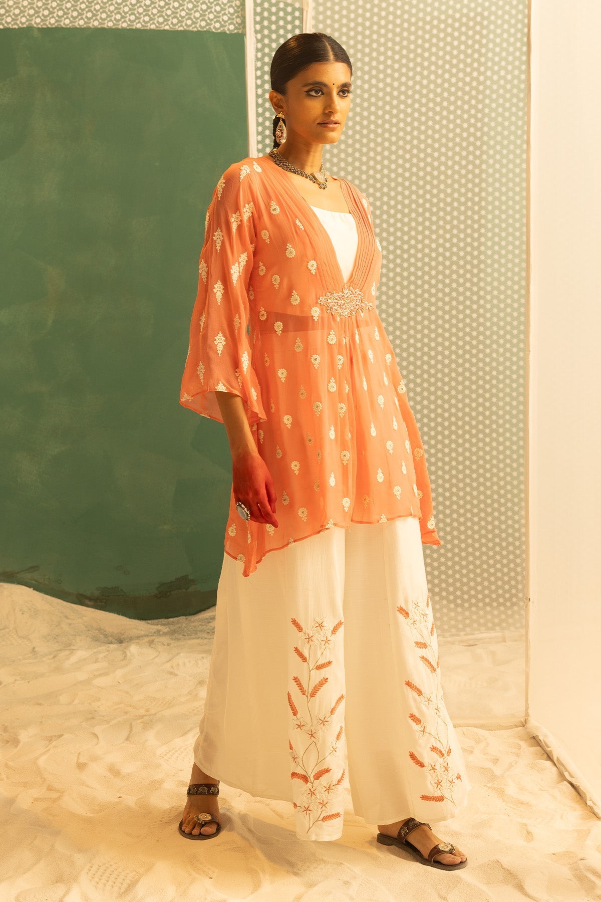 Peach Embroidered Jacket 3 Pcs Set