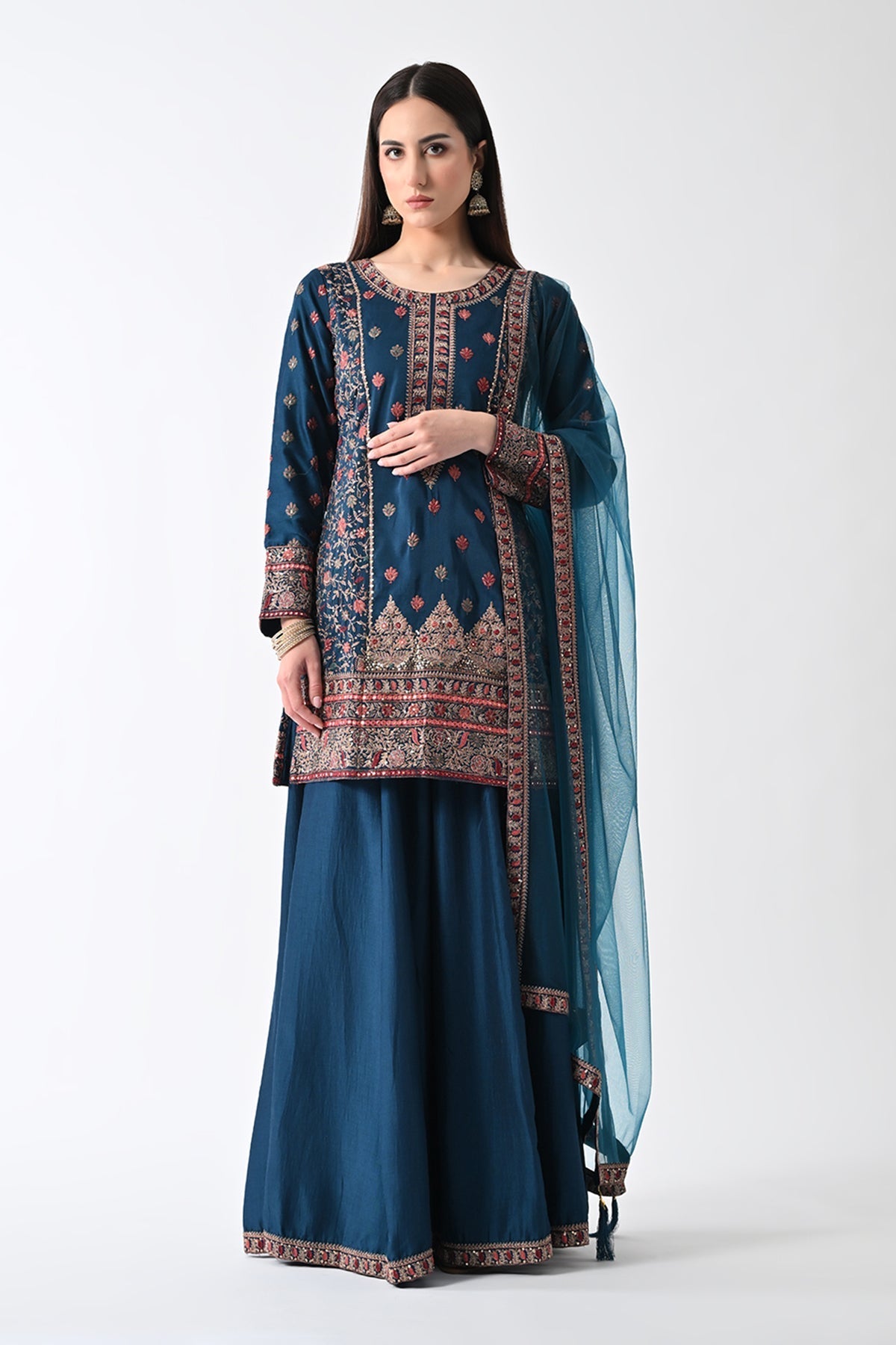 Teal Zari-Embroidered Kurta 3 Pcs Set