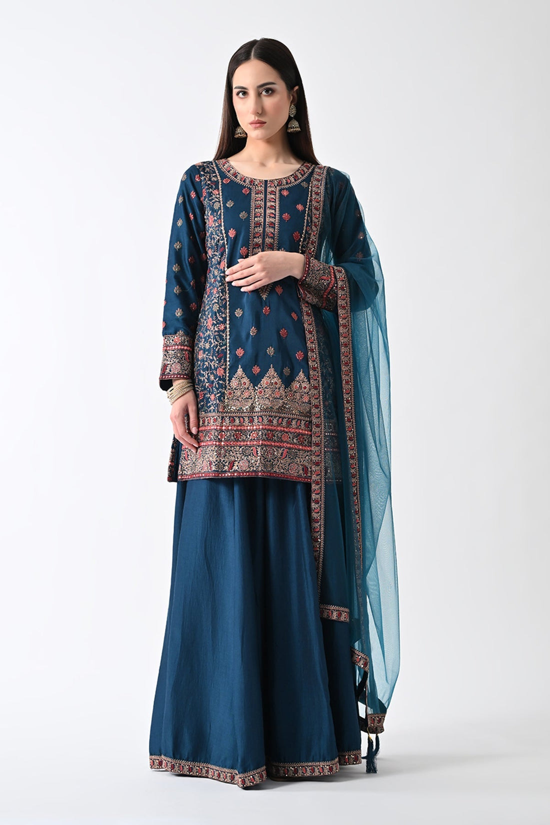 Teal Zari-Embroidered Kurta 3 Pcs Set