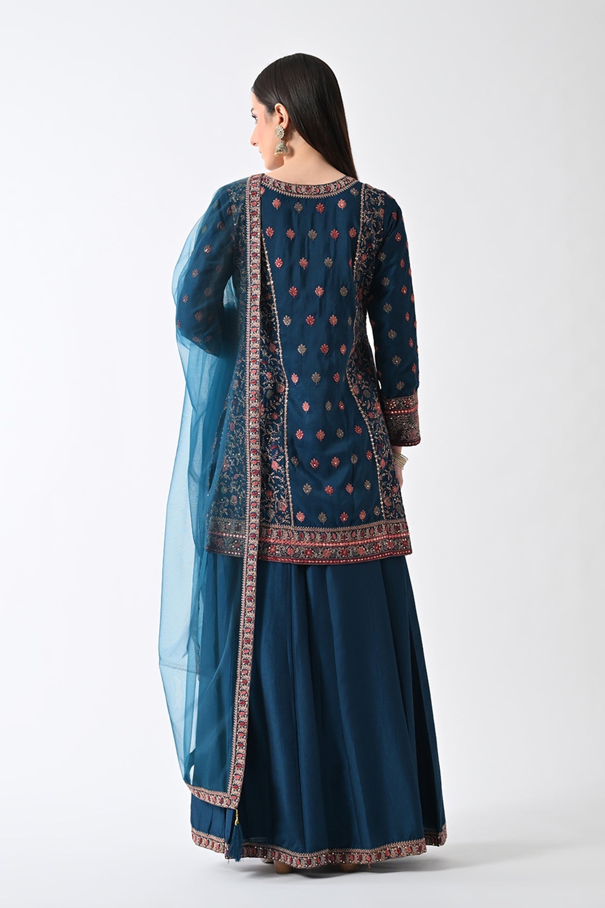 Teal Zari-Embroidered Kurta 3 Pcs Set