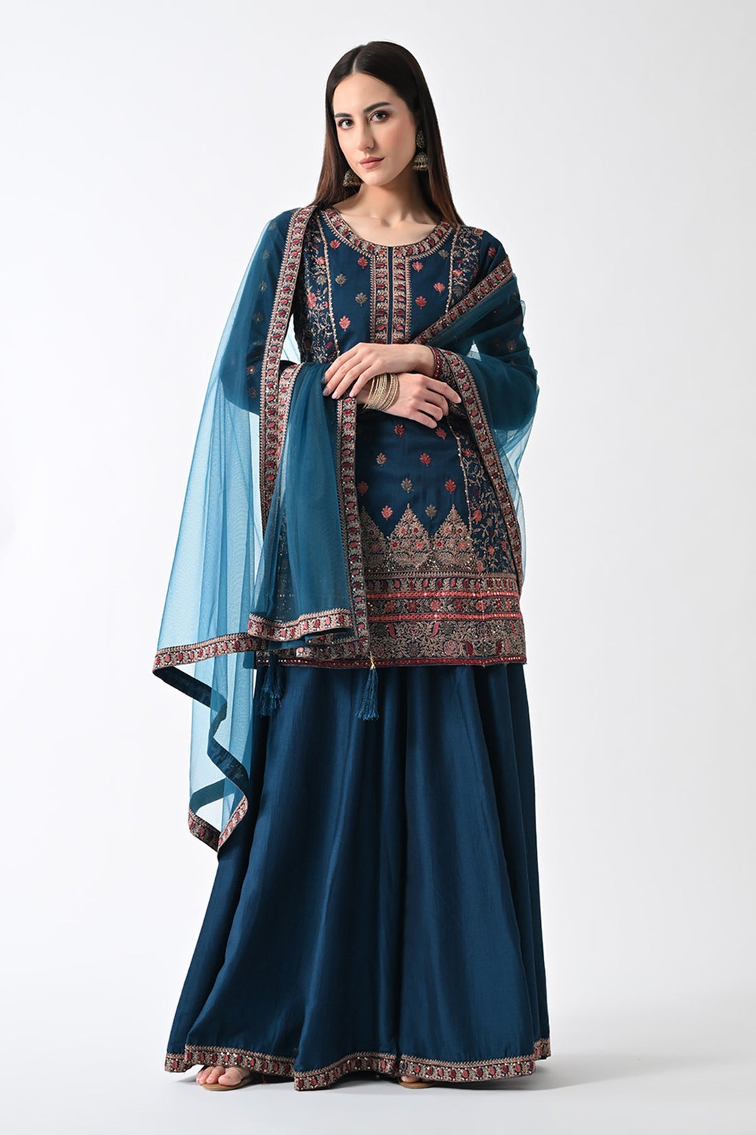 Teal Zari-Embroidered Kurta 3 Pcs Set